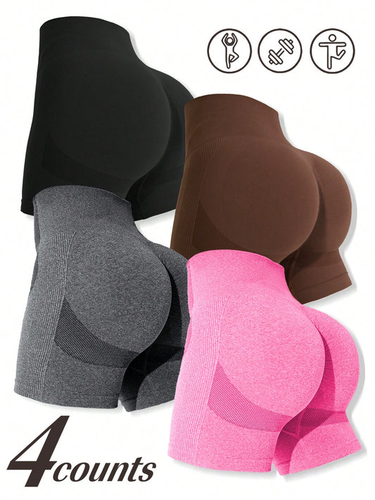 4Pcs Seamless Women Yoga Shorts, High Waist & Stretch, Peach Butt Lifting, Moisture Wicking, Versatile for Daily & Sports Wear